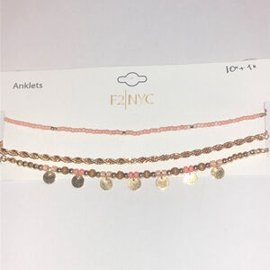 3 Gold Tone Pink Beaded Boho Ankle Bracelets
